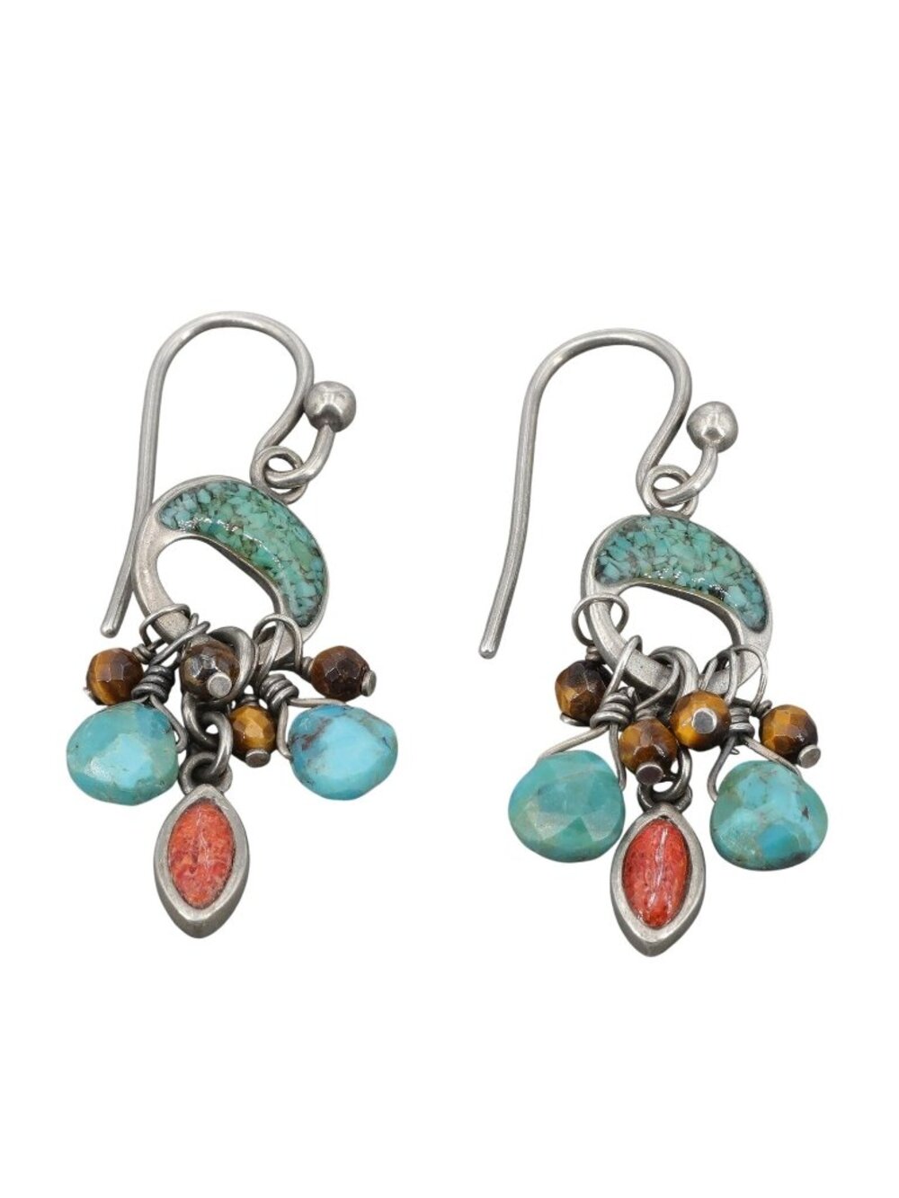 Retired Silpada Sterling Silver Turquoise Coral Tigers Eye Dangle Earrings W1523